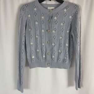 Pink Rose Cardigan Tank sweater baby blue Floral Summer Spring Women size:L